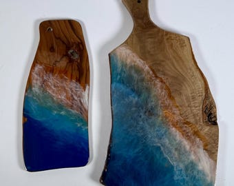 Handmade Olive Wood Cheese Board Set Ocean Wave Resin Serving Board Set of 2 Coastal Kitchen Decor Gift Natural Wood