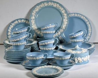 Wedgwood Embossed Queens Ware Blue Tea Set Vintage England Cups Plates Trinket Box Dessert Set Collectible English Tableware