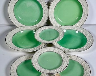 Wedgwood Embossed Queens Ware Green Plates Rare Color Lot 8 Vintage English Dinnerware Soup Dessert Plates Cottagecore Decor