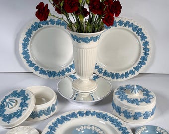 Wedgwood Embossed Queen’s Ware Vintage Collection – Plates, Candy Boxes, Vase & Ashtrays – Blue Relief, Ivory Relief, Rare 1960s England