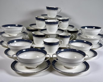 Royal Doulton Sherbrooke H5009 Tea Cup Saucer or Bouillon Cup Saucer Bone China England Blue White Platinum Vintage