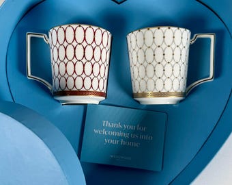Wedgwood Renaissance Mugs Set of 2 in Heart Shaped Box Porcelain Gift Set England Red Gray Luxury Coffee Cups