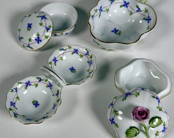 Herend Blue Garland Porcelain Set 4 Pc Hand Painted Hungary Trinket Box Ring Box Leaf Dish Salt Dip Vintage Luxury Gift