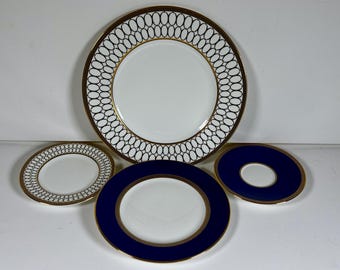Wedgwood Renaissance Gold Plates Set of 4 Bone China Cobalt Blue Gold Dinner Plates England Vintage Luxury Tableware