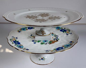 Cake Pedestals for Fruit or Dessert Aynsley Marlin Fine Bone China & Limoges France Porcelain Gold Trim Vintage Compotes