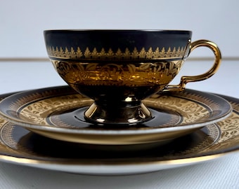 RW Bavaria Black Gold Tea Trio Porcelain Cup Saucer Plate Germany Vintage Gilded Luxury Tea Set Neoclassical Collectible