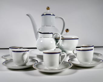 Vintage-Kaffeeservice aus Arzberg, Deutschland: Weißes Porzellan, blau-goldener Rand