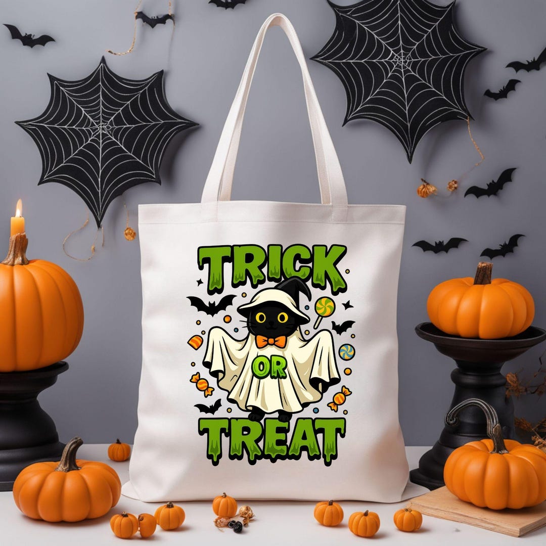 Halloween Trick or Treat Tote Bag, Ghost Cat Candy Bag - Etsy