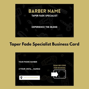 Black and Gold Taper Fade Specialist Business Card Template | Print-Ready Barber Branding Kit | Two-Sided Editable Canva Card