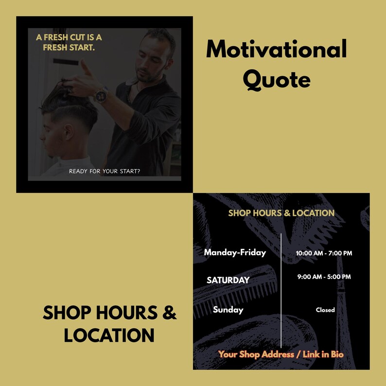 Barber Shop Hours Template and Motivational Quote Post | Daily Content Filler and Location Guide for Beginner Barbers