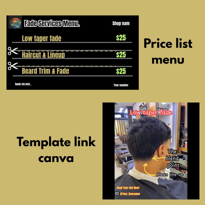 Modern Barber Price List Template | Black and Gold Services Menu | Taper Fade Haircut Pricing Guide | Editable Canva Marketing File