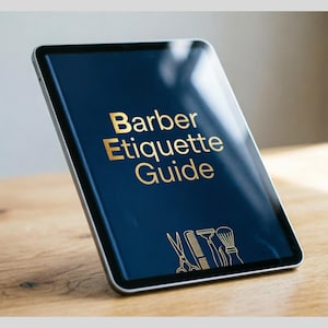 May include: A digital tablet displaying a navy blue screen with the gold text "Barber Etiquette Guide." Below the text are gold illustrations of barber tools. The tablet rests on a wooden surface.