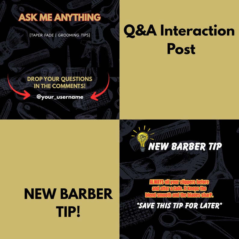 Barber Interaction Templates | Q&A Post and Quick Tip Social Media Templates | Taper Fade Engagement Bundle for Beginners