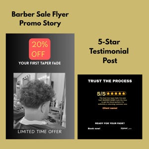 Barber Sale Flyer and Testimonial Post Templates | 20% Off Client Attraction and 5-Star Review Templates | Editable Canva Marketing Kit