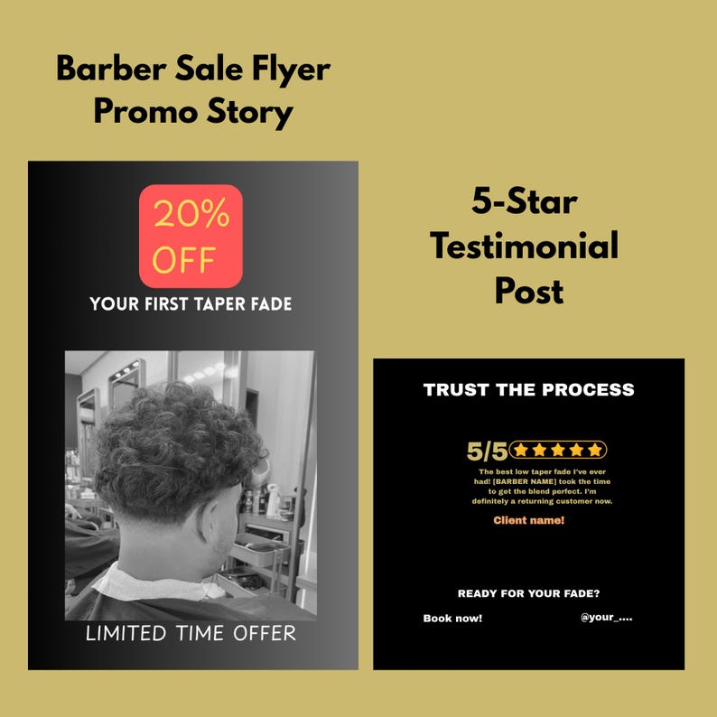 Barber Sale Flyer and Testimonial Post Templates | 20% Off Client Attraction and 5-Star Review Templates | Editable Canva Marketing Kit