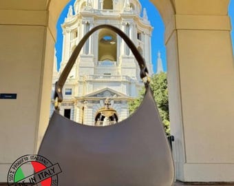 Italienische Leder Top Griff Handtasche: Taupe Umhängetasche (Made in Italy)