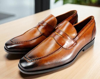Handmade Italian Leather Loafers: Madou Brown Calfskin Dress Shoes/Made in Italy