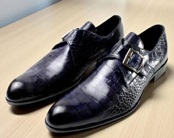 Ivan Troy Lauren Purple Crocodile Printed Monk Strap Mens Shoes
