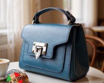 Handmade Italian Leather Top Handle Tote - Ivan Troy Maily Blue