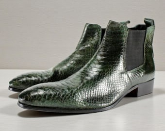 Groene Ose-enkellaarsjes met krokodillenprint: handgemaakte Italiaanse leren herenschoenen/Made in Italy