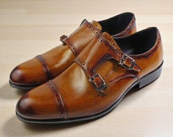 Ivan Troy Charles Brown Double Monk Strap Shoes, Men’s Dress Shoes