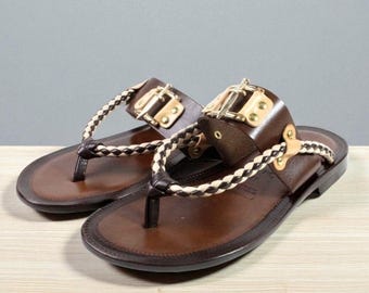 Leather Italian Sandals Mens Brown Genuine Leather Flip All Flops Handmade Adan