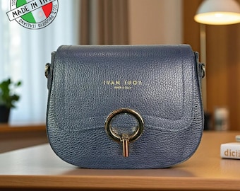 Italienische Leder Schulter Handtasche: Blaue Umhängetasche, Made in Italy