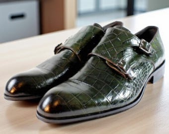 Ivan Troy Iba Green Double Monk Strap Crocodile Printed Mens Shoes