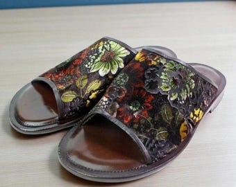 Floral Braun Italienische Herren Leder Sandalen Schuhe