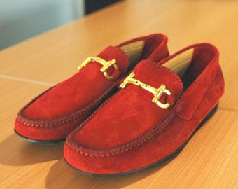 Handmade Italian Omar Red Leather Moccasin Loafers: Men's Slip-On Dress ShoesMade in Italy