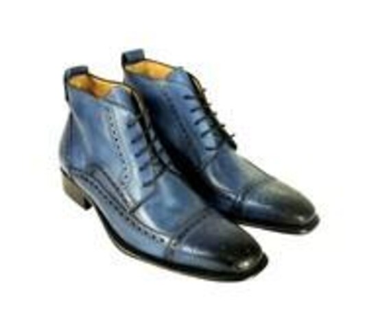 Handmade Chaka Blue Leather Boots: Men display picture 3