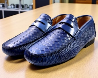 Handmade Italian Leather Loafers Crocodile Printed: Blue Calfskin Moccasins/Made in Italy