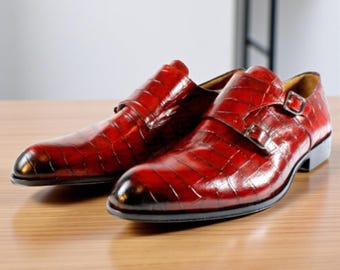 Ivan Troy Iba Red Double Monk Strap Crocodile Printed Mens Shoes