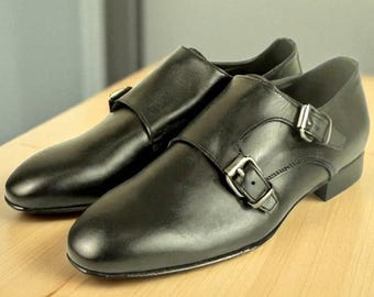 Handmade Black Leather Double Monkstrap Dress Shoes, Boys Formal Footwear