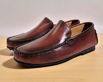 Mocasines de cuero italiano hechos a mano - Zapatos de conductor burdeos / Hechos en Italia