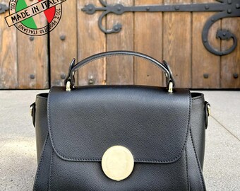 Italiaanse leren tas met handvat aan de bovenkant - zwarte schoudertas, made in Italy