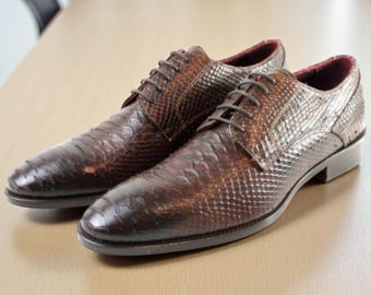 Handmade Italian Leather Blucher Shoes: Lasi Brown Crocodile Printed/Made in Italy