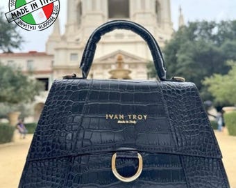 Ivan Troy Black Leather Top Handle Handbag, Detachable Strap, Made in Italy