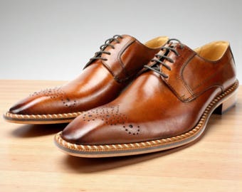 Handmade Italian Gabriel Brown Leather Blucher Dress Shoes: Classic Oxford Style/Made in Italy