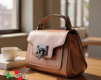 Handmade Italian Leather Tote, Top Handle Bag, Pink