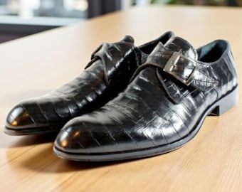 Ivan Troy Lauren Black Crocodile Printed Monk Strap Mens Shoes