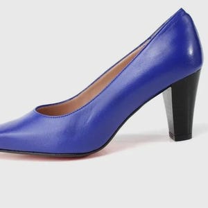 May include: A single blue leather pump with a pointed toe and a black block heel. The shoe has a low-cut vamp and a red sole. The heel is approximately 3 inches high.
