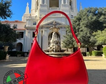 Rote italienische Lederhandtasche: Top Griff Crossbody Schultertasche, Made in Italy