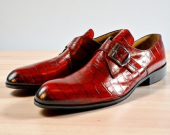 Ivan Troy Lauren Red Crocodile Printed Monk Strap Mens Shoes
