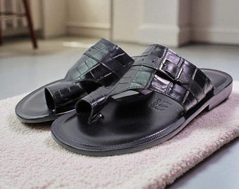 Leather Italian Sandals Mens Black Genuine Leather Slip on Shoes Handmade Angelo