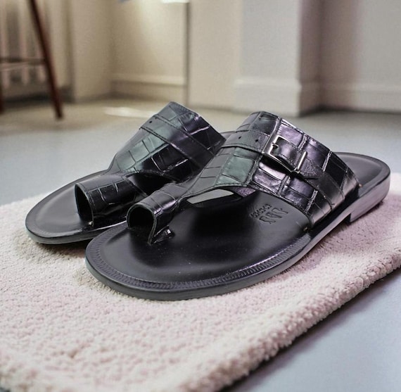 Leather Italian Sandals Mens Black Genuine Leather Slip on  display picture 1