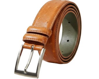 Cinturón de piel de avestruz color coñac – Cinturón de vestir para hombre, 3,5 cm