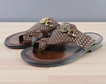 Leather Italian Sandals Mens Brown Genuine Leather Slip on Shoes Handmade Dylan