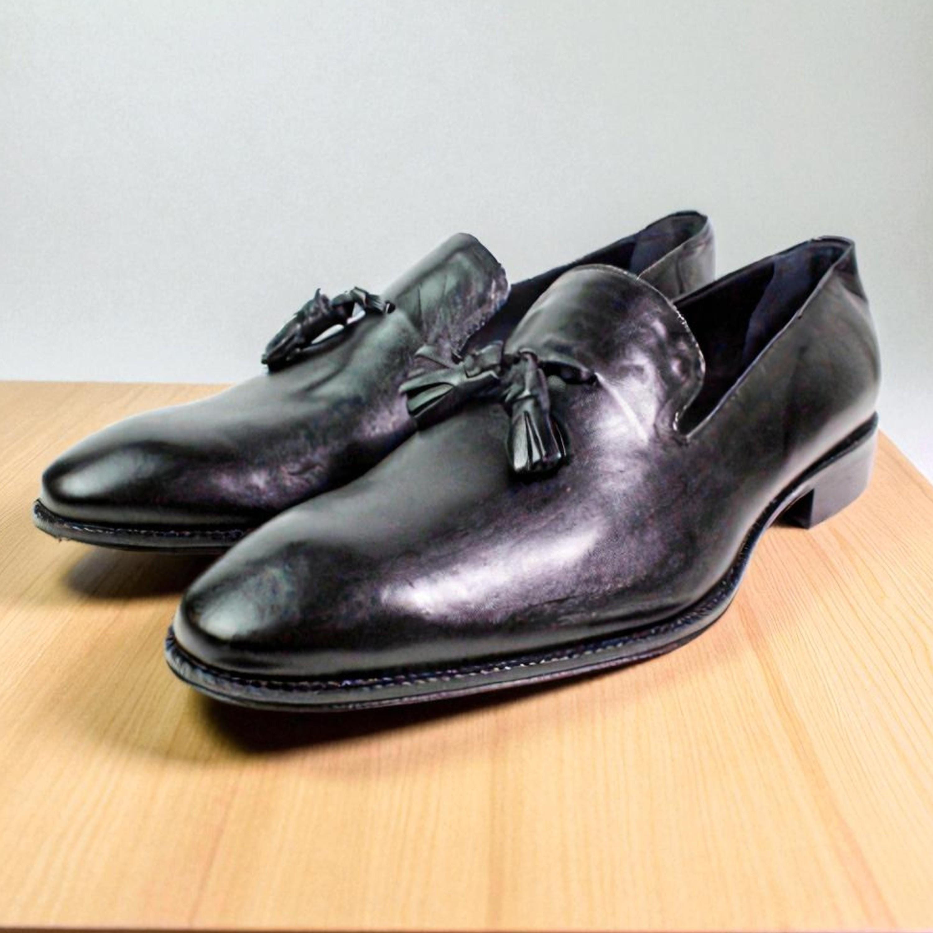 Santorini Men\'s Tassel Loafers Black Italian Leather Sz 9.5 Business Old Money Black Tassel Loafers | SALE | Italian Loafers for Men main image 2