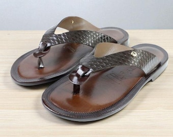 Leather Italian Sandals Mens Brown Genuine Leather Flip All Flops Handmade Aron